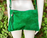 GREEN suede leather bag. GENUINE leather small crossbody / shoulder bag.Adjustable strap + zipper. Green suede purse with tassel.