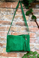 GREEN suede leather bag. GENUINE leather small crossbody / shoulder bag.Adjustable strap + zipper. Green suede purse with tassel.