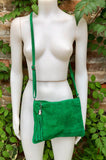 GREEN suede leather bag. GENUINE leather small crossbody / shoulder bag.Adjustable strap + zipper. Green suede purse with tassel.