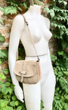 Beige suede bag. Genuine leather beige crossbody bag. Small leather bag with adjustable strap and zipper. Dark brown suede purse