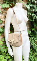 Beige suede bag. Genuine leather beige crossbody bag. Small leather bag with adjustable strap and zipper. Dark brown suede purse