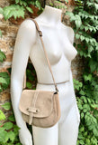 Beige suede bag. Genuine leather beige crossbody bag. Small leather bag with adjustable strap and zipper. Dark brown suede purse