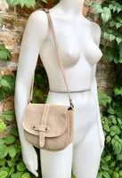 Beige suede bag. Genuine leather beige crossbody bag. Small leather bag with adjustable strap and zipper. Dark brown suede purse