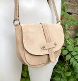 Beige suede bag. Genuine leather beige crossbody bag. Small leather bag with adjustable strap and zipper. Dark brown suede purse