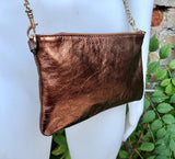 COPPER + brown small leather bag. GENUINE leather cross body, shoulder bag, wristlet . 2 sided leather bag + adjustable strap. Copper purse