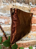 COPPER + brown small leather bag. GENUINE leather cross body, shoulder bag, wristlet . 2 sided leather bag + adjustable strap. Copper purse