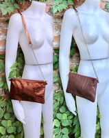 COPPER + brown small leather bag. GENUINE leather cross body, shoulder bag, wristlet . 2 sided leather bag + adjustable strap. Copper purse