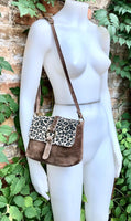 Cheetah print + taupe light BROWN suede bag. Genuine leather animal print crossbody bag. Small panther and light brown suede purse. Leopard.