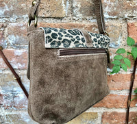 Cheetah print + taupe light BROWN suede bag. Genuine leather animal print crossbody bag. Small panther and light brown suede purse. Leopard.