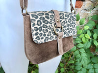 Cheetah print + taupe light BROWN suede bag. Genuine leather animal print crossbody bag. Small panther and light brown suede purse. Leopard.