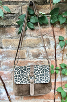 Cheetah print + taupe light BROWN suede bag. Genuine leather animal print crossbody bag. Small panther and light brown suede purse. Leopard.