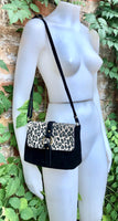 Cheetah print + black suede bag. Genuine leather animal print crossbody bag. Small panther and black suede purse. Small black leopard bag.