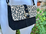 Cheetah print + black suede bag. Genuine leather animal print crossbody bag. Small panther and black suede purse. Small black leopard bag.