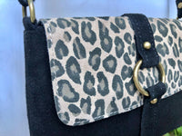 Cheetah print + black suede bag. Genuine leather animal print crossbody bag. Small panther and black suede purse. Small black leopard bag.