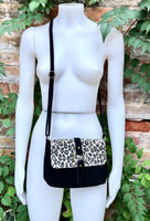 Cheetah print + black suede bag. Genuine leather animal print crossbody bag. Small panther and black suede purse. Small black leopard bag.