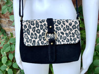 Cheetah print + black suede bag. Genuine leather animal print crossbody bag. Small panther and black suede purse. Small black leopard bag.