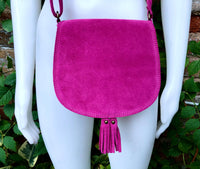 Hot pink suede bag. Small crossbody /shoulder genuine leather purse. Pink boho messenger bag with flap, zipper + tassel. Fuchsia hippy purse