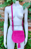 Hot pink suede bag. Small crossbody /shoulder genuine leather purse. Pink boho messenger bag with flap, zipper + tassel. Fuchsia hippy purse