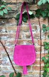 Hot pink suede bag. Small crossbody /shoulder genuine leather purse. Pink boho messenger bag with flap, zipper + tassel. Fuchsia hippy purse