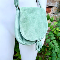 Green suede bag. Small crossbody /shoulder genuine leather purse. Sage green boho messenger bag with flap, zipper + tassel. Mint hippy purse