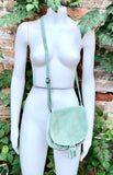 Green suede bag. Small crossbody /shoulder genuine leather purse. Sage green boho messenger bag with flap, zipper + tassel. Mint hippy purse