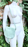 Green suede bag. Small crossbody /shoulder genuine leather purse. Sage green boho messenger bag with flap, zipper + tassel. Mint hippy purse