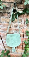 Green suede bag. Small crossbody /shoulder genuine leather purse. Sage green boho messenger bag with flap, zipper + tassel. Mint hippy purse