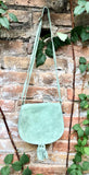 Green suede bag. Small crossbody /shoulder genuine leather purse. Sage green boho messenger bag with flap, zipper + tassel. Mint hippy purse