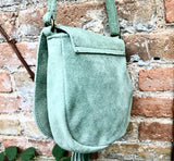 Green suede bag. Small crossbody /shoulder genuine leather purse. Sage green boho messenger bag with flap, zipper + tassel. Mint hippy purse