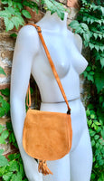 Orange suede bag. Small crossbody /shoulder genuine leather purse. Rounded orange boho messenger bag with flap, zipper + tassel. Hippy purse