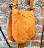 Orange suede bag. Small crossbody /shoulder genuine leather purse. Rounded orange boho messenger bag with flap, zipper + tassel. Hippy purse