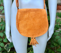 Orange suede bag. Small crossbody /shoulder genuine leather purse. Rounded orange boho messenger bag with flap, zipper + tassel. Hippy purse