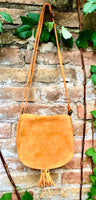 Orange suede bag. Small crossbody /shoulder genuine leather purse. Rounded orange boho messenger bag with flap, zipper + tassel. Hippy purse