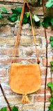 Orange suede bag. Small crossbody /shoulder genuine leather purse. Rounded orange boho messenger bag with flap, zipper + tassel. Hippy purse