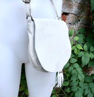 Cream suede bag. Small crossbody /shoulder genuine leather purse. Broken white boho messenger bag. Flap, zipper + tassel. Cream hippy purse