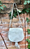 Cream suede bag. Small crossbody /shoulder genuine leather purse. Broken white boho messenger bag. Flap, zipper + tassel. Cream hippy purse