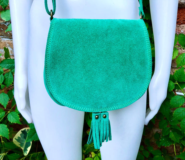 Green suede bag. Small crossbody /shoulder genuine leather purse. Green boho messenger bag with flap, zipper + tassel. Green hippy purse