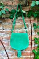 Green suede bag. Small crossbody /shoulder genuine leather purse. Green boho messenger bag with flap, zipper + tassel. Green hippy purse