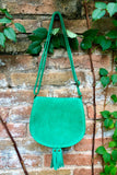 Green suede bag. Small crossbody /shoulder genuine leather purse. Green boho messenger bag with flap, zipper + tassel. Green hippy purse