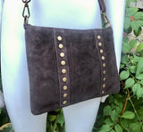 Crossbody bag. Dark BROWN suede leather purse with bronze color tacks. Genuine suede leather messenger bag. Chocolate brown crossbody bag