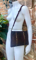 Crossbody bag. Dark BROWN suede leather purse with bronze color tacks. Genuine suede leather messenger bag. Chocolate brown crossbody bag