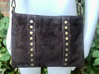 Crossbody bag. Dark BROWN suede leather purse with bronze color tacks. Genuine suede leather messenger bag. Chocolate brown crossbody bag