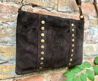 Crossbody bag. Dark BROWN suede leather purse with bronze color tacks. Genuine suede leather messenger bag. Chocolate brown crossbody bag