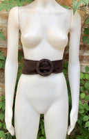 Dark brown suede waist belt. Large round buckle. Chocolate brown boho suede belt. Genuine natural leather. Dark brown overall / dress belt