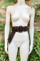 Dark brown suede waist belt. Large round buckle. Chocolate brown boho suede belt. Genuine natural leather. Dark brown overall / dress belt