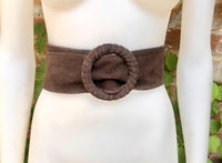 Dark brown suede waist belt. Large round buckle. Chocolate brown boho suede belt. Genuine natural leather. Dark brown overall / dress belt