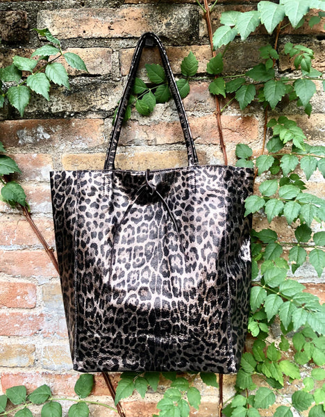 CHEETAH print tote leather bag. Genuine leather shopper. Large leopard bag for your laptop, books. Glossy animal print soft leather purse.