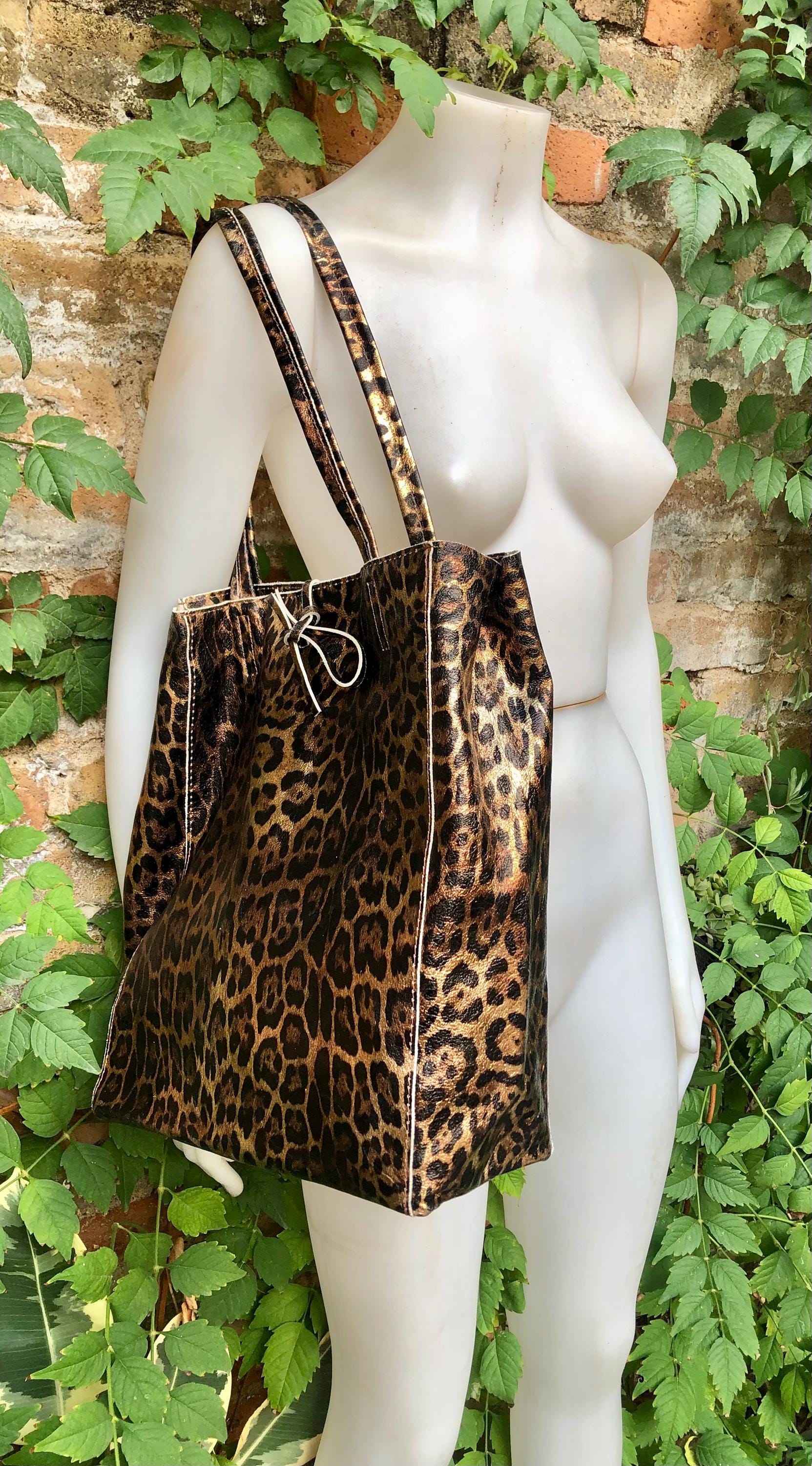CHEETAH print tote leather bag. Genuine leather shopper. Large leopard bag for your laptop, books. Glossy animal print soft leather purse.