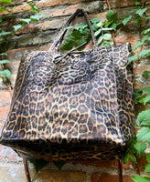 CHEETAH print tote leather bag. Genuine leather shopper. Large leopard bag for your laptop, books. Glossy animal print soft leather purse.