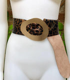 CHEETAH print metallic leather waist belt.Large metal buckle in gold. Leopard genuine leather belt. Boho animal print waist /dress wide belt